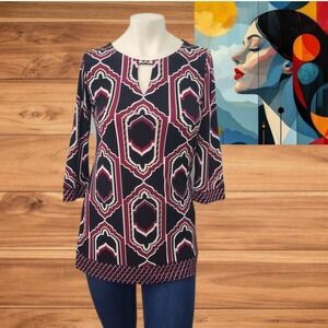 White House Multicolor Market Women's Tunic Top Black Stretch Knit 3/4 Sleeve XS